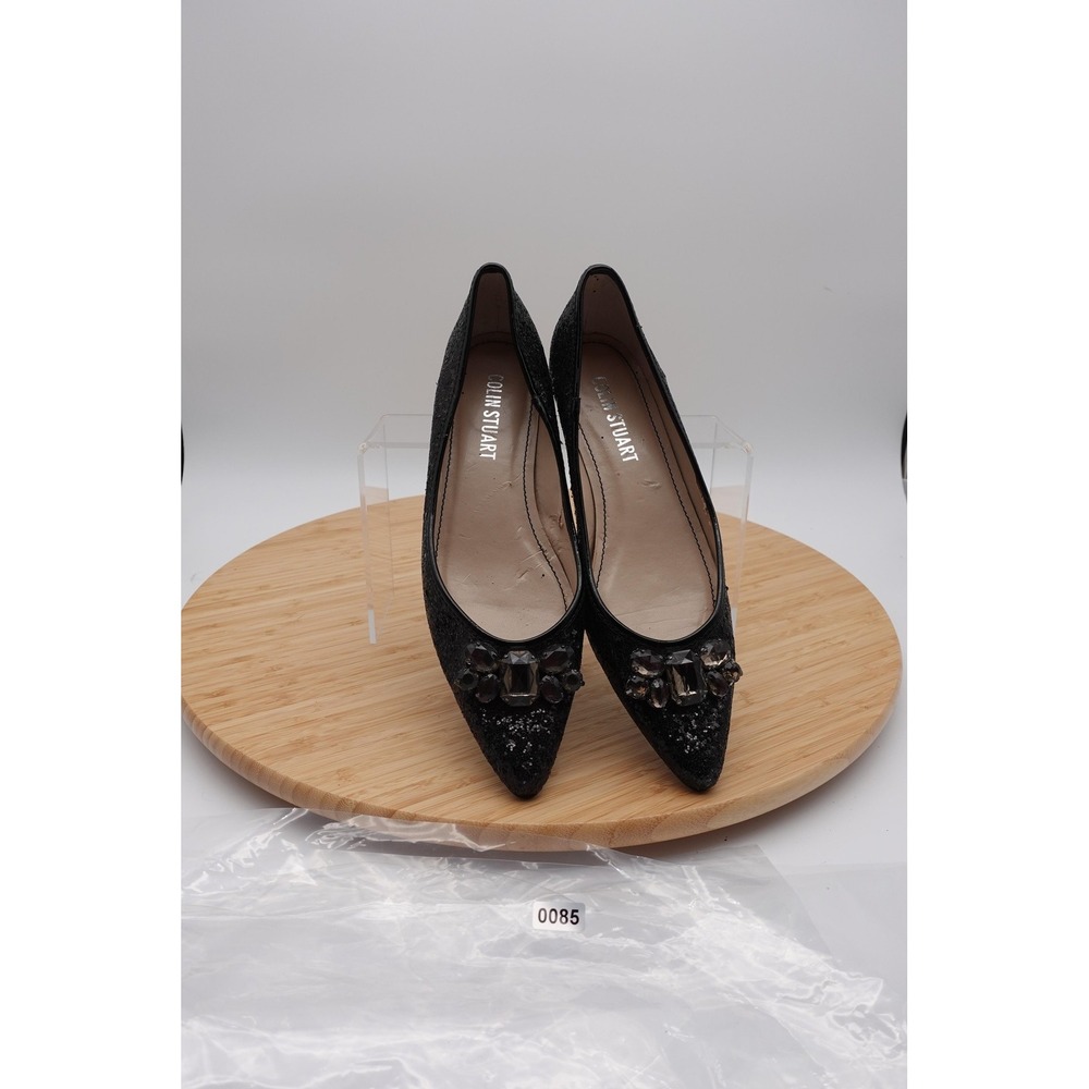 Colin Stuart Shoes Womens Size 7 Black Glitter Rhinestone Slingback Kitten Pumps